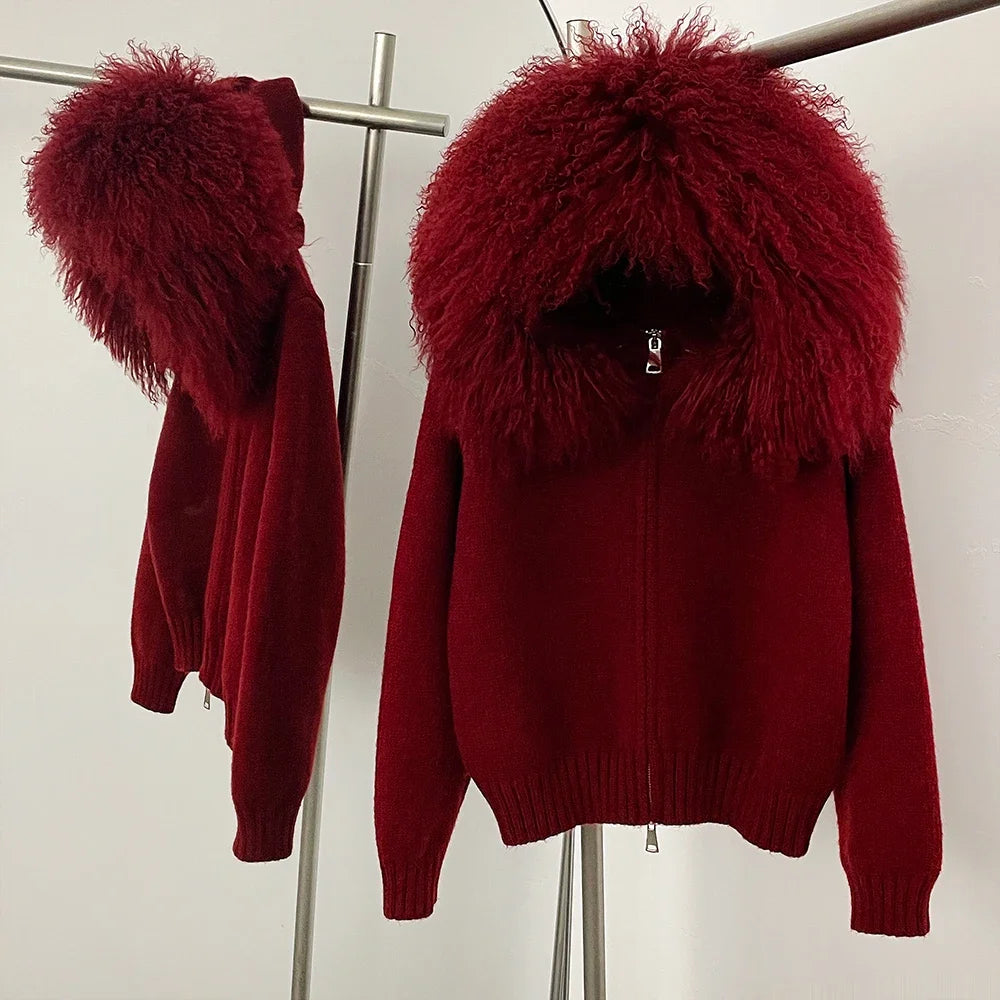 Coat Women Cardigan Natural Fox Fur Coat Women Real Mongolian Fur Knitwear Female Spring Autumn Hooded Knitted Fur Jacket