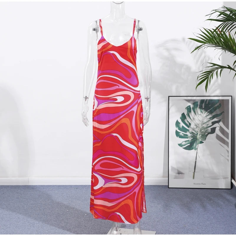 Chic Print Sling Long Dress Women Sleevless Backless Side Split Party Dresses 2025 Summer Street Beach Lady Ankle-length Robes