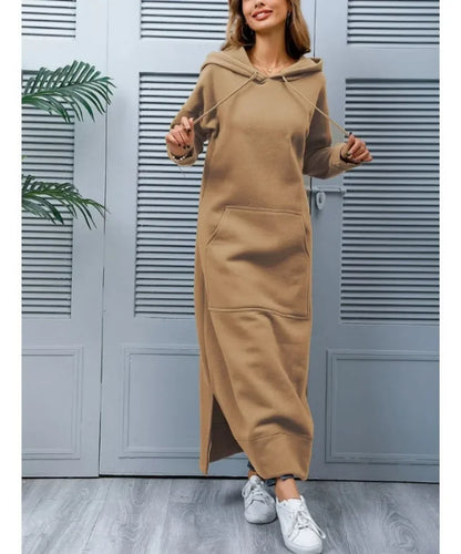Autumn and Winter New Loose Size Knitted Hooded Long Dress Plush Casual Fashion Dress Large Pocket Skirt Women's Wear