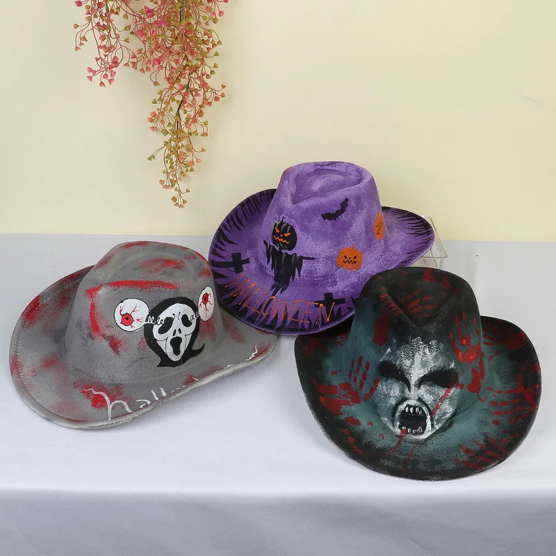 Set of three Halloween cowboy hats for adults featuring spooky designs and vibrant colors