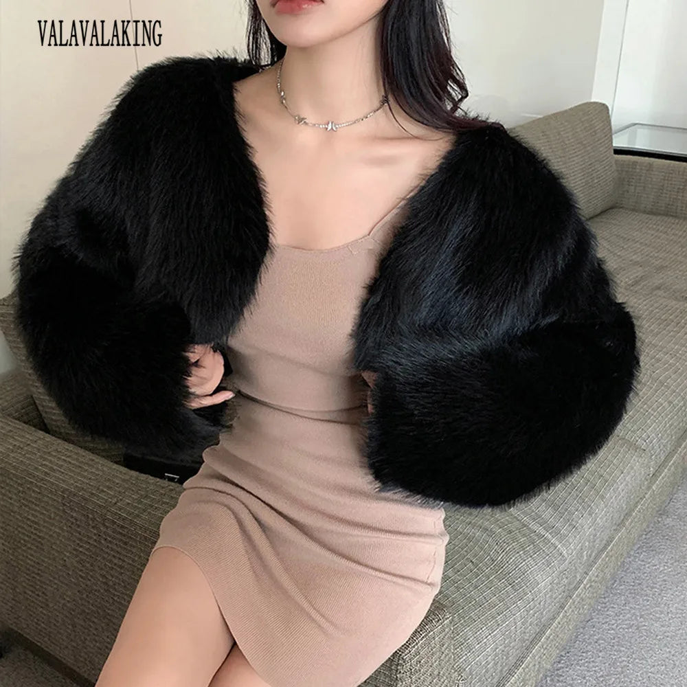 2025 Women Winter Plus Size Faux Fur Cropped Coat Female Furry Long Sleeve Plush Jacket Lady Large Fake Fur Warm Fluffy Cardigan