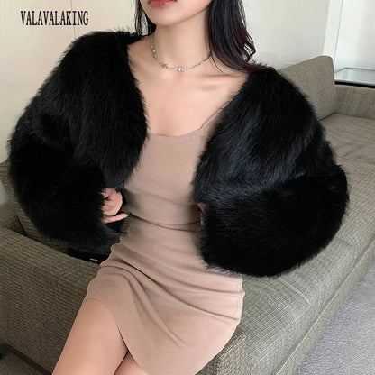 2025 Women Winter Plus Size Faux Fur Cropped Coat Female Furry Long Sleeve Plush Jacket Lady Large Fake Fur Warm Fluffy Cardigan