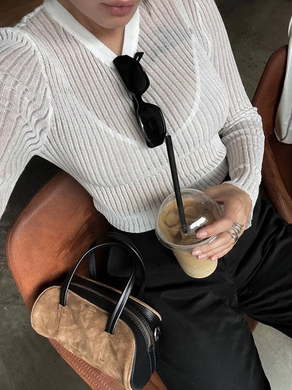 Women's Spring/Summer Long Sleeved Round Neck Thin Breathable Knitted Top with Sun Protection