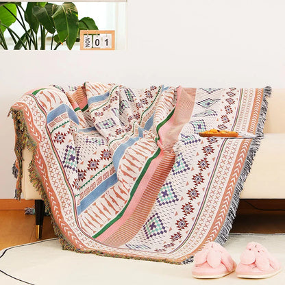 Retro Indian Style Thread Blanket Countryside Geometry Sofa Cobertor Hanging Tapestry Cotton Knitted Sofa Blanket for Bed Travel
