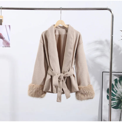 2025 Chic Lapel Plush Coat With Belt Women Vintage Solid Faux Fur Sleeve Tweed Open Coats Female Autumn Casual Street Outwear