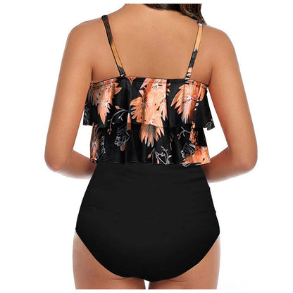Chic Elegant Bikini Summer Multi-Layer Ruffled Edge Folds Crew Neck Sling Swimwear High Waist Thong Separate Two-Piece Swimsuit