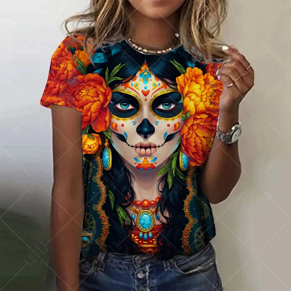 Summer Women Fashion T-shirt Mexican Day Of Dead Tops Tees Female Daily Casual Short Sleeve Clothing Ladies Vintage Outfit
