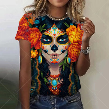 Summer Women Fashion T-shirt Mexican Day Of Dead Tops Tees Female Daily Casual Short Sleeve Clothing Ladies Vintage Outfit