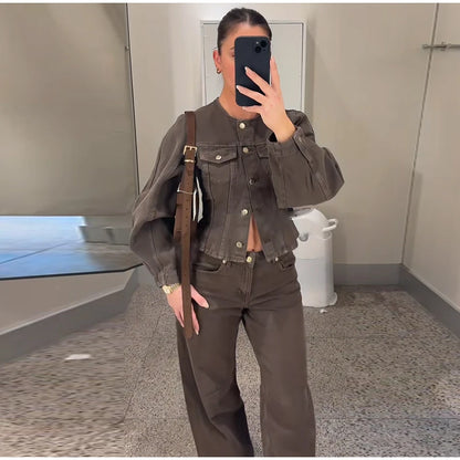 Vintage Solid Denim Jacket Pants Sets Women O-neck Single Breasted Long Sleeve Coat Wide Leg Trousers 2025 Jeans Outfits Street