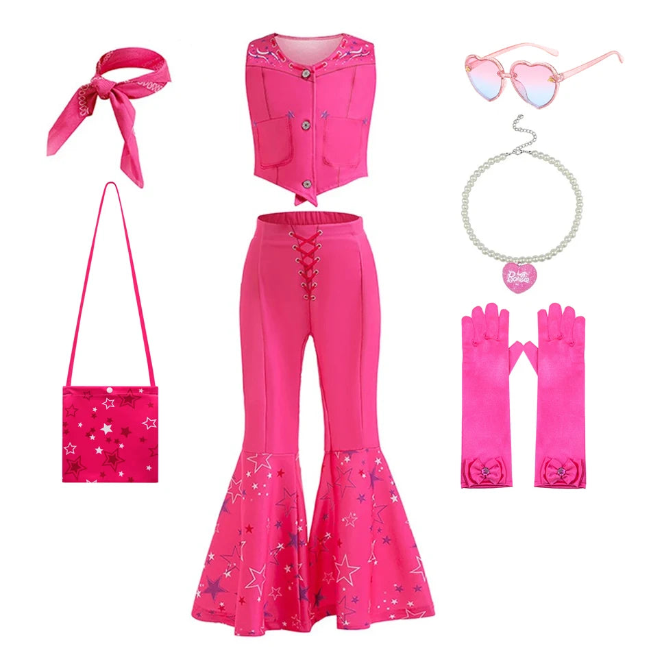 pink cowgirl cosplay set for kids with pink vest lace up bell pants star print bandana bag gloves sunglasses necklace