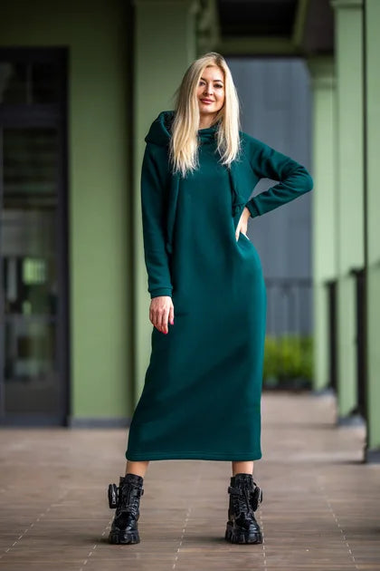 Plus Size Women Fashion Loose Autumn Winter Large Knitted Hooded Long Dress Velvet Hoodie Casual Dress Splicing Warm Dress