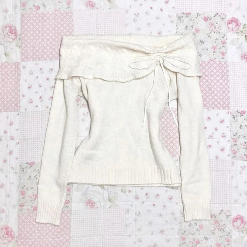 NEW Fall Winter Sweater Casual Slim Fit Chic Solid Color Ribbon Decoration One-shoulder Pullover Y2K Harajuku Womens Streetwear