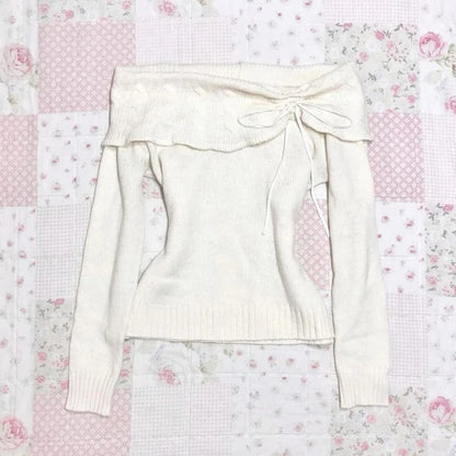 NEW Fall Winter Sweater Casual Slim Fit Chic Solid Color Ribbon Decoration One-shoulder Pullover Y2K Harajuku Womens Streetwear