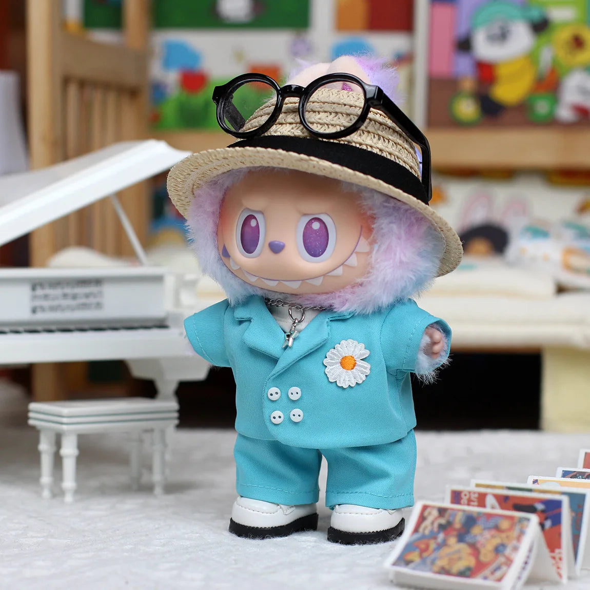 Clothes For Labubu 17cm Outfit Accessories for The Monster Korea Kpop Labubu Idol V1 V2 V3 Clothing GD K-Pop Cool Suit Straw Hat