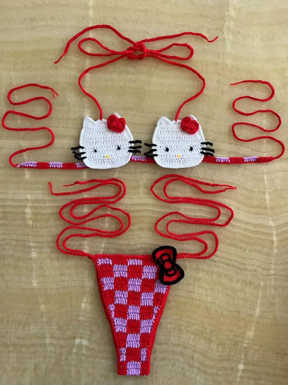 Sanrio Crochet Bikini Set Cute Girls Swimsuits Hello Kitty Sexy Bathing Suit Micro Ties Bikinis Beachwear Women Swimming Suit