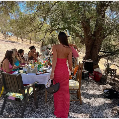 Sexy Crochet Hollow Out Long Halter Dress Women 3D Flower Backless Sleeveless Beach Dresses 2025 Summer Lady Vacation Robes New