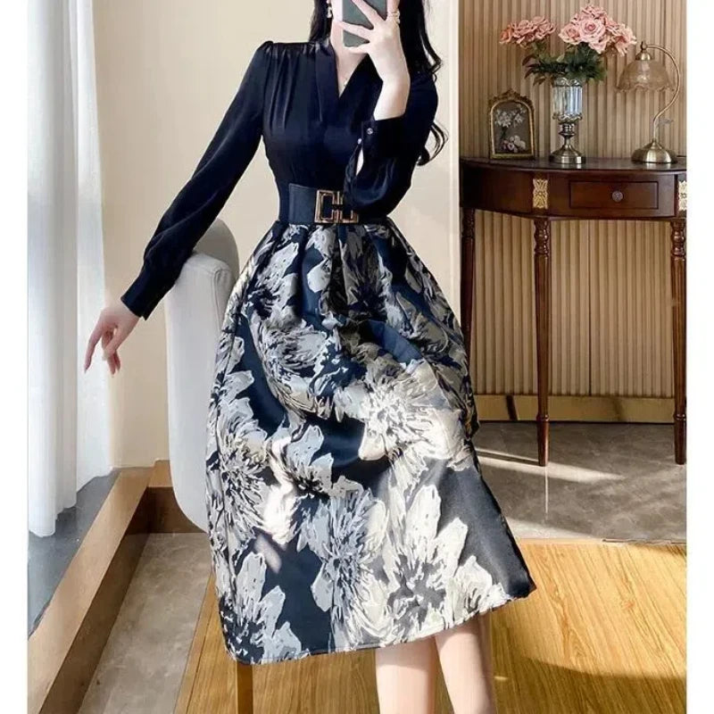 Spring Autumn Women's Clothing Long Sleeve V-Neck Button Floral Patchwork Sashes Casual Elegant Office Lady Midi Skirts Dresses