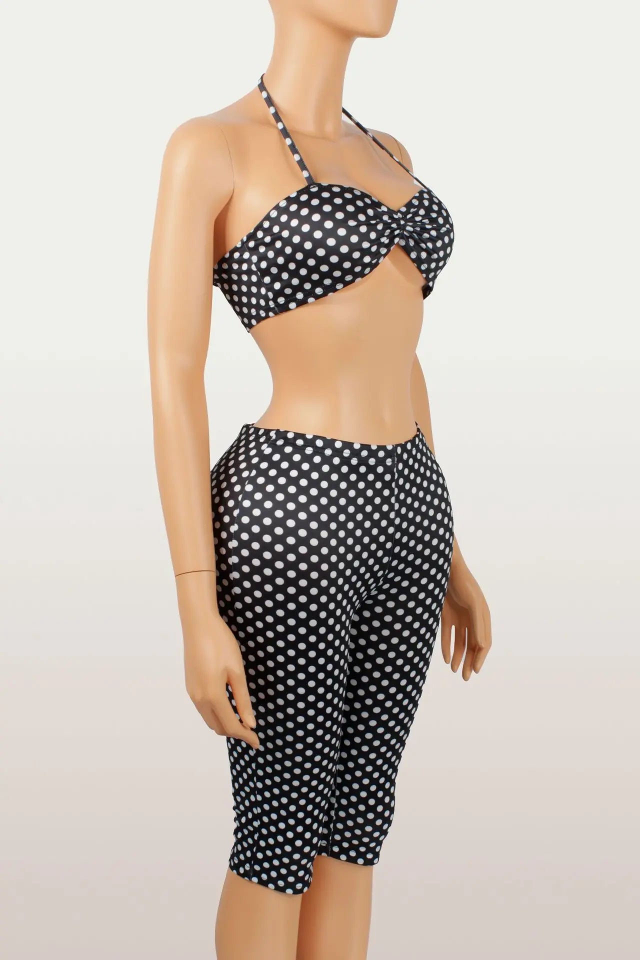 Weird Puss Polka Dot Print Women 2 Piece Set Halter Tank Tops+Bike Shorts Stretch Matching Streetwear Vacation Stretch Outfits