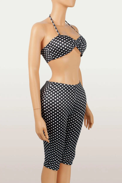 Weird Puss Polka Dot Print Women 2 Piece Set Halter Tank Tops+Bike Shorts Stretch Matching Streetwear Vacation Stretch Outfits