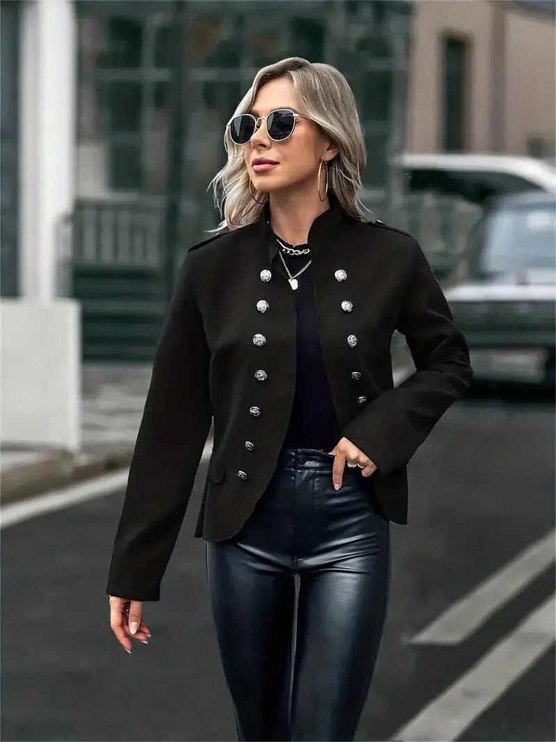 Autumn and winter casual fashion new button decoration stand collar long sleeve solid color cardigan suit jacket