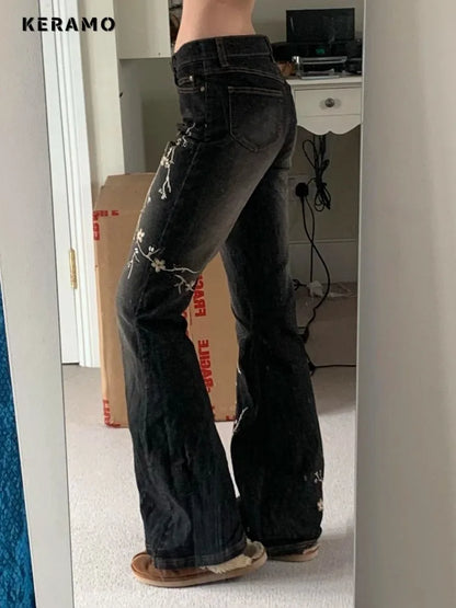 Weekeep Floral Embroidery Jeans Vintage 2000s Low Rise Flared Jeans Women Retro y2k Baggy Denim Pants High Street Basic Trousers