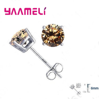 Classic CZ Crystal Stud Earrings 925 Sterling Silver Color for Women Men Unisex Gift AAA Cubic Zircon Wedding Party Jewelry