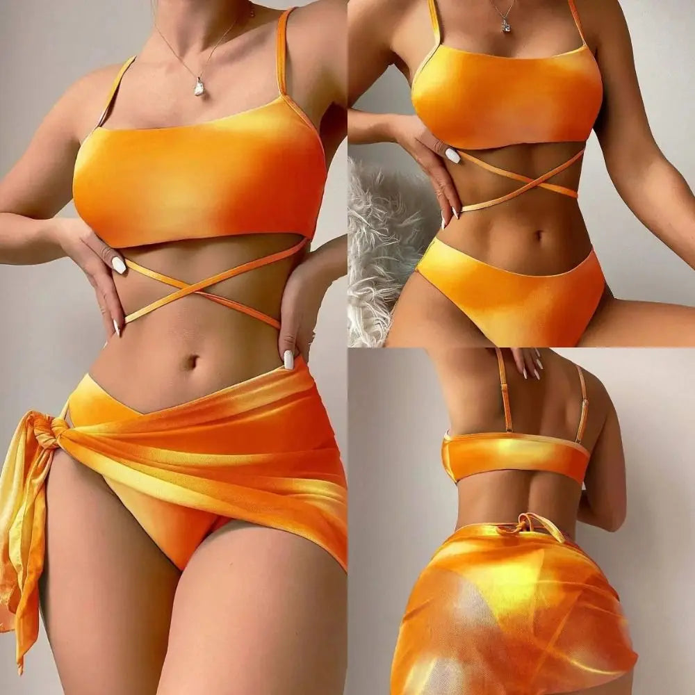 Women's 3 Piece Gradient Tie Dye Bathing Suit Lace Up High Cut Bikini with Beach Skirt