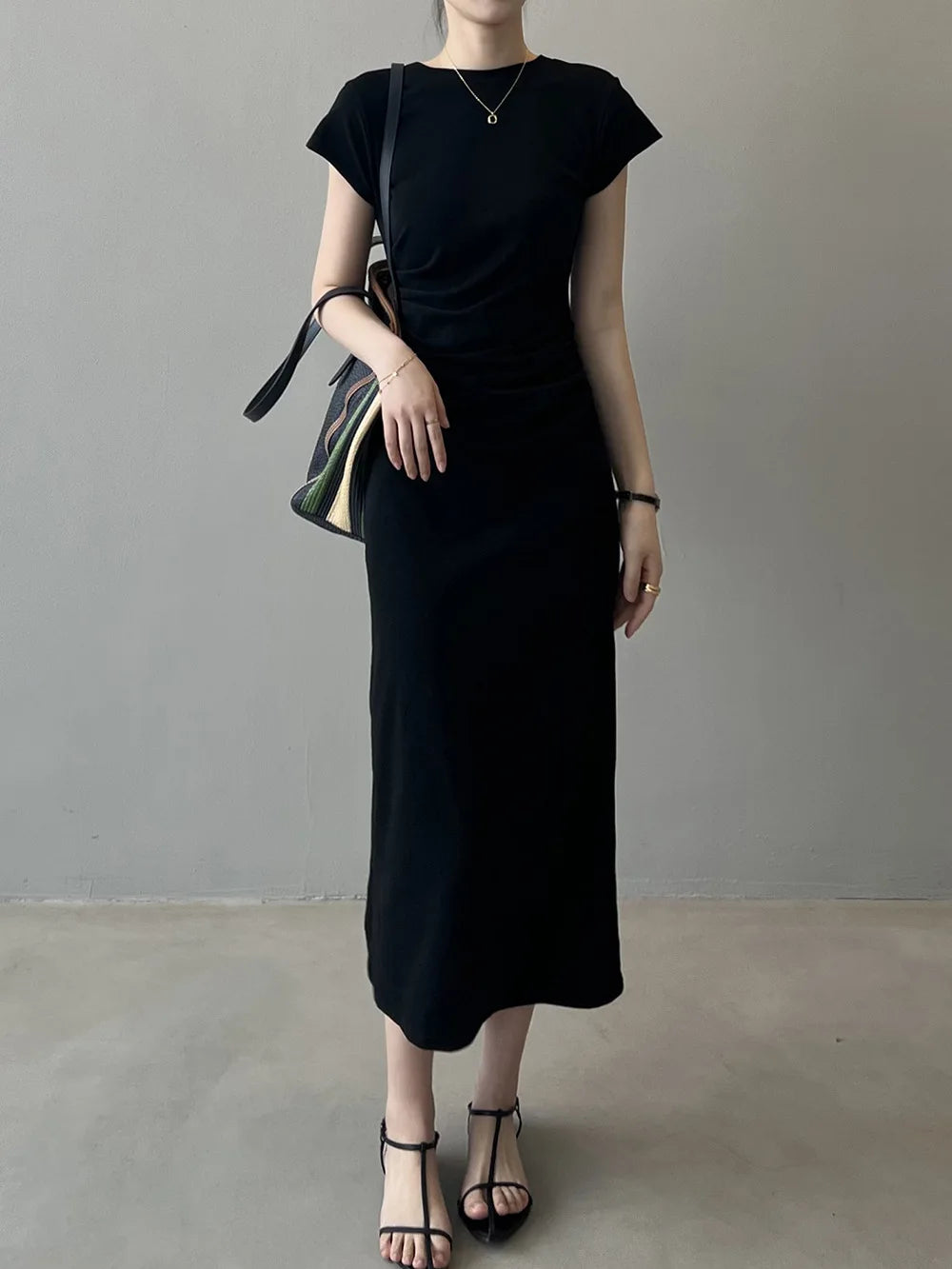 Slim Fit T-irt Dr Women's Spring Summer ort Sve Pleated Waist Cinching A-Line Midi Dr Small Stature 50