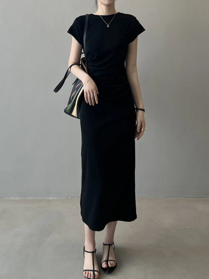 Slim Fit T-irt Dr Women's Spring Summer ort Sve Pleated Waist Cinching A-Line Midi Dr Small Stature 50