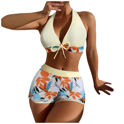 Women's Paneled Printed Swimsuit Ladies Fashion Sexy Split Boxer High Waist Swimsuit Two-Piece Set V-Neck Bathing Suits Female