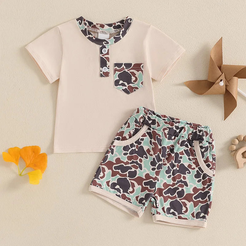 Boys Casual Summer Outfits Short Sleeve T-Shirts and Camouflage Shorts Set with Elastic Waistband for Toddlers 2 Pieces