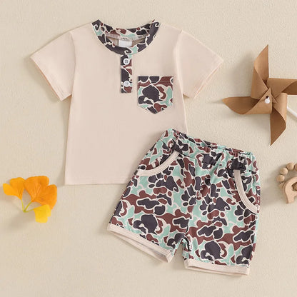 Boys Casual Summer Outfits Short Sleeve T-Shirts and Camouflage Shorts Set with Elastic Waistband for Toddlers 2 Pieces