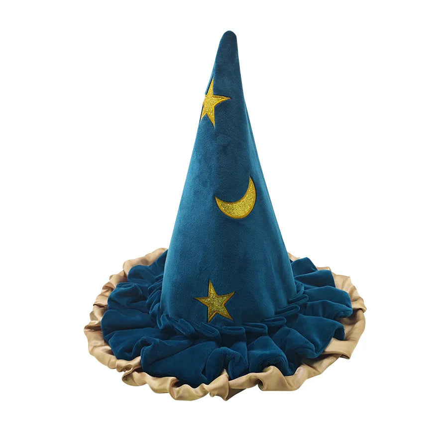 EtherealBe Halloween witch hat for women in blue velvet with gold moon and star decorations