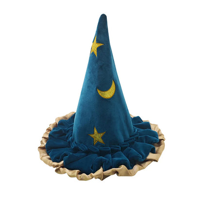 EtherealBe Halloween witch hat for women in blue velvet with gold moon and star decorations