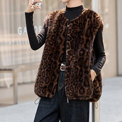 Winter fashion  casual senior sense thin  fur integrated leopard print vest warm top clothing  chalecos para mujer