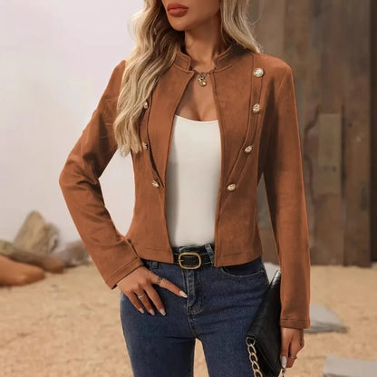Women's Fashion Stand Neck Long Sleeve Jacket Short Coat Ladies Casual Solid Slim Double-breasted Blazer Elegant Lady Jackets