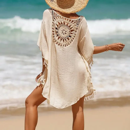 Women Casual Bohemian Holiday Outfits Beachwear Bikini Cover Up Summer Solid Color Hollow Out Beach Dress