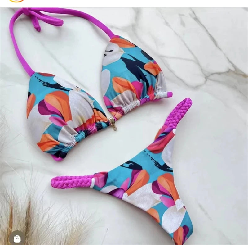 8 Colors) 2023 New Brazilian Women's Bikini Roped Swimsuit Set Split European And American Women's Printed Sexy Beach Swimwear