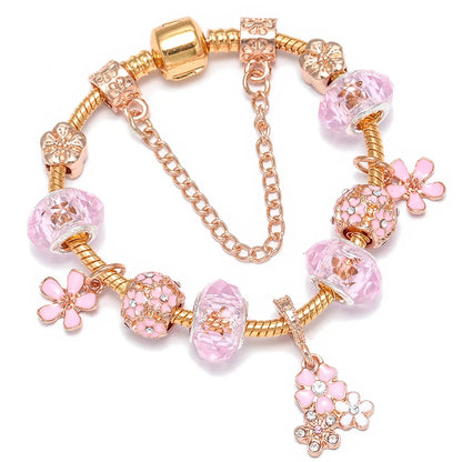 Spring Style Charms Bracelets For Women With Snake Chain Pink Daisy DIY Charms Beads Pendants Fashion Jewelry Dropshipping
