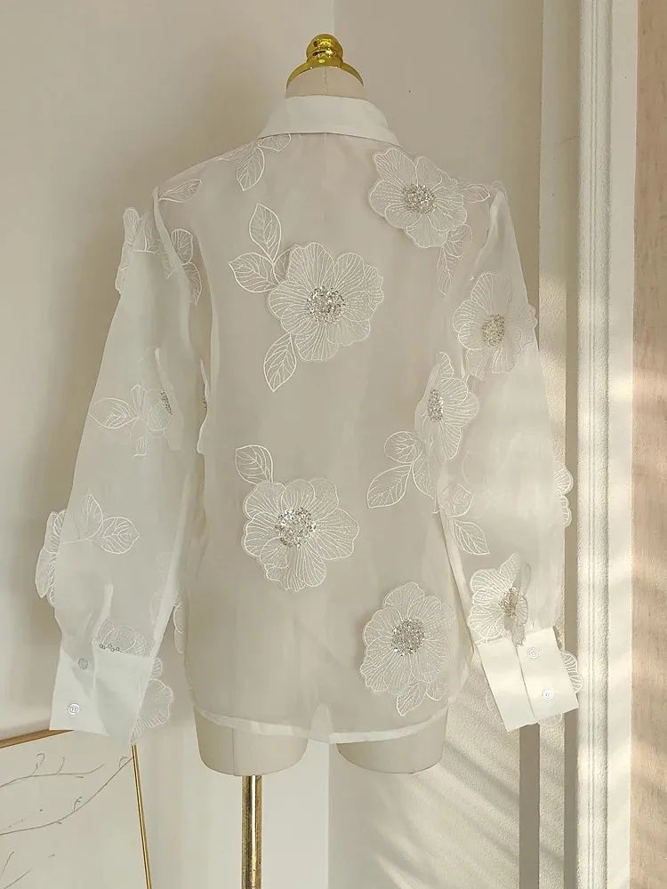 TWOTWINSTYLE Elegant Spliced Appliques Shirt For Women Lapel Long Sleeve Patchwork Single Breasted Vintage Blouse Female Clothes