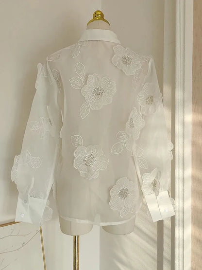 TWOTWINSTYLE Elegant Spliced Appliques Shirt For Women Lapel Long Sleeve Patchwork Single Breasted Vintage Blouse Female Clothes