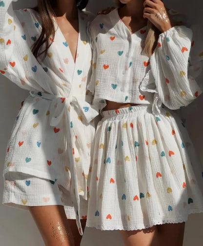 Spring And Summer New Fashion Ruffle Edge Long Sleeved Printed Shirt + Elastic Waist Short Skirt Set For Women,4 Colors