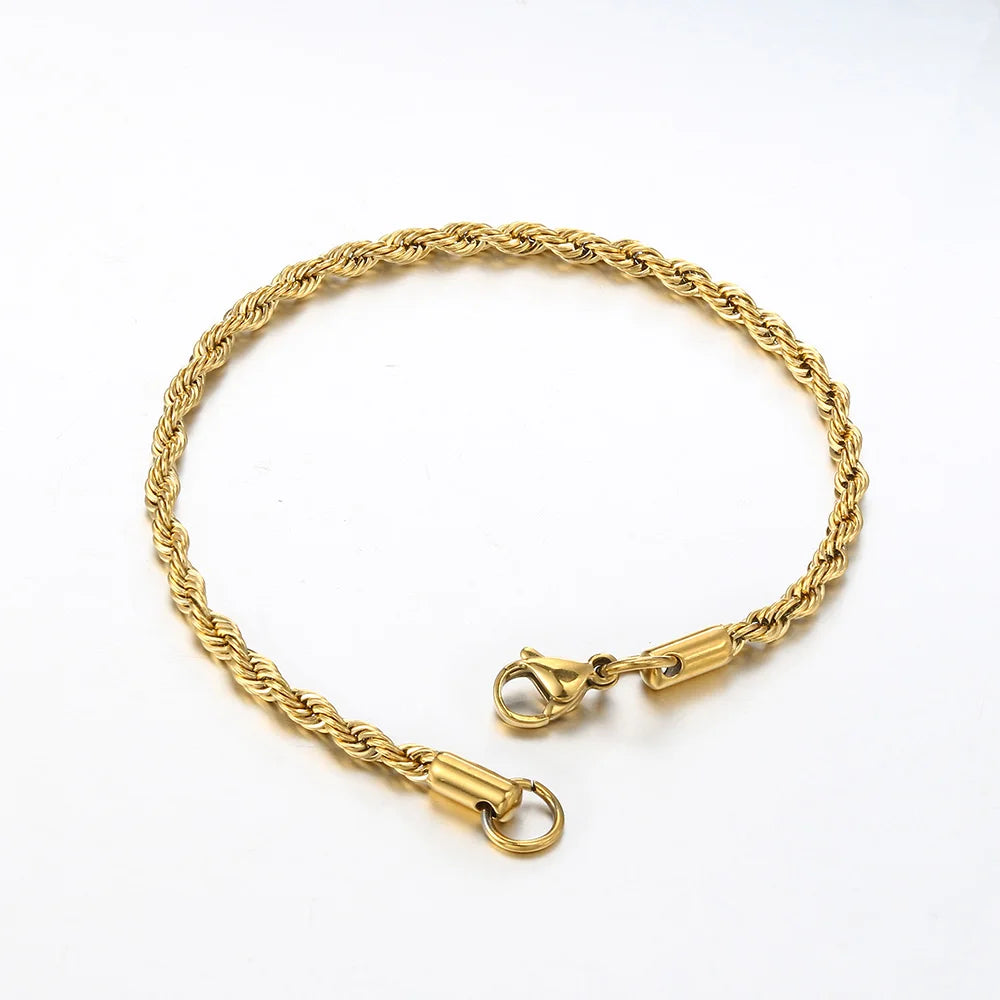 Stainless Steel Rope Chain Bracelets on Hand 3/4MM Gold Color Chic Women's Bracelet Minimalist Fashion Hip Hop Jewelry Gift C048