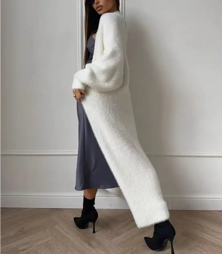 Autumn Elegant Women Fuzzy Knit Long Cardigan Fashion Casual All White Simple Coat 2025 Holiday Work Female Knitwear Overcoat