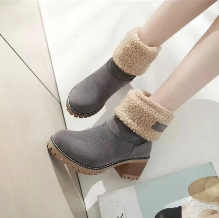 Winter Snow Boots for Women Warm Comfortable Women's Boots Mid-length Thick-heeled High-heeled Women's Cotton Shoes Botas Mujer
