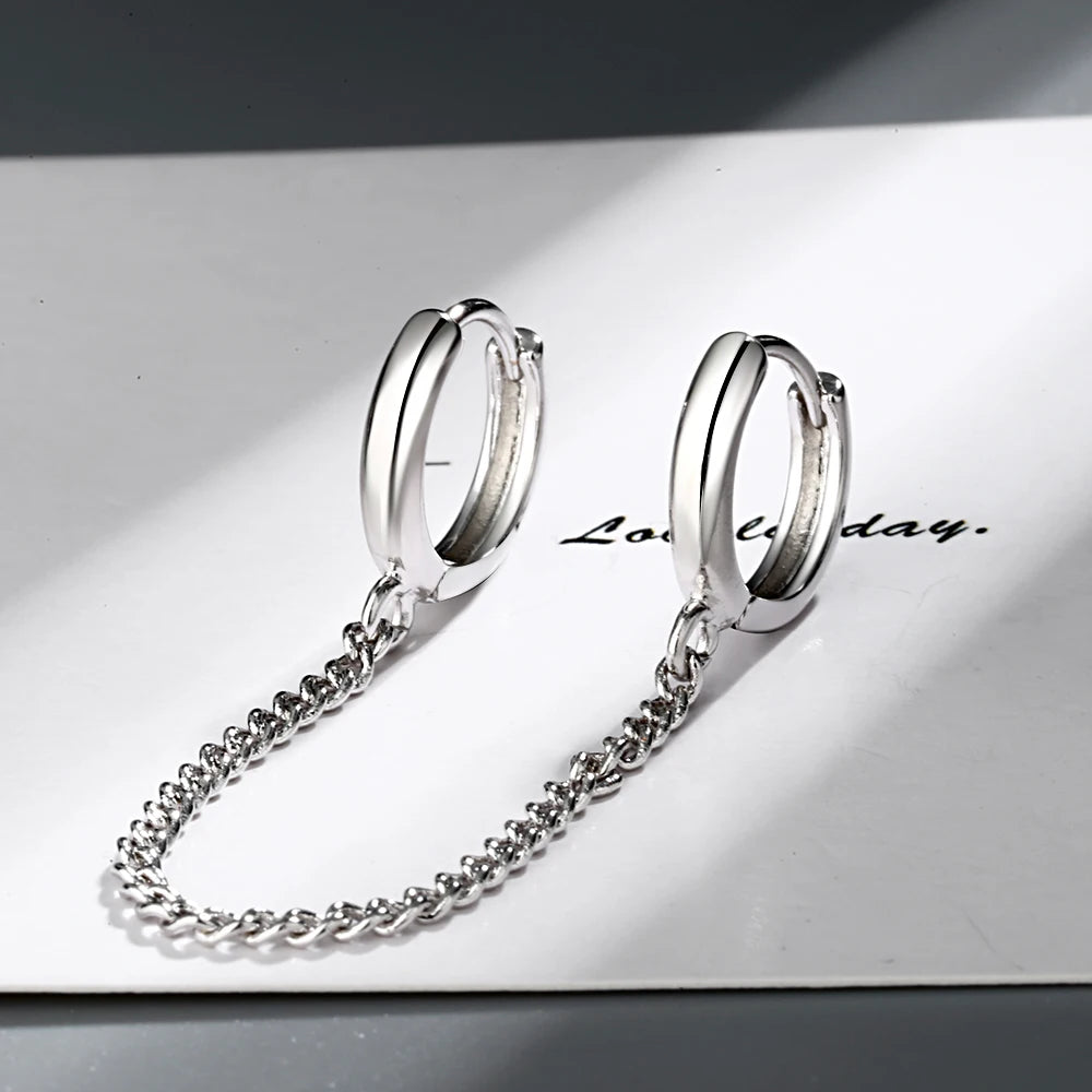 Solid 925 Sterling Silver Double Earrings Chain Small Round Circle Hoop Tassel Ear Rings Two Ear Holes Helix Piercing SE178