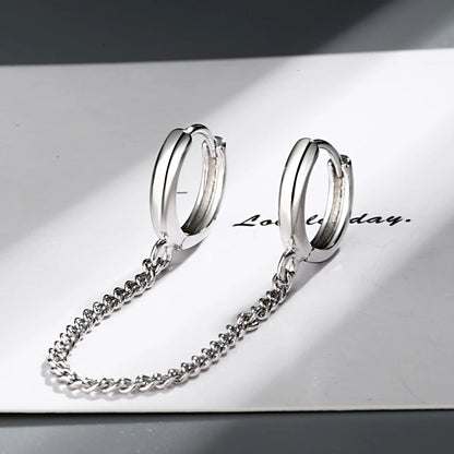 Solid 925 Sterling Silver Double Earrings Chain Small Round Circle Hoop Tassel Ear Rings Two Ear Holes Helix Piercing SE178