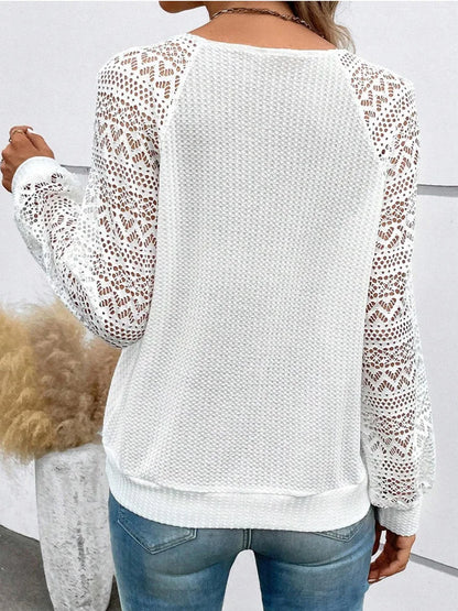 New Fashion Lace Splice Long Sleeve Women's Shirts Casual Loose V Neck Hollow Out Women Blouses Office Lady White Tops