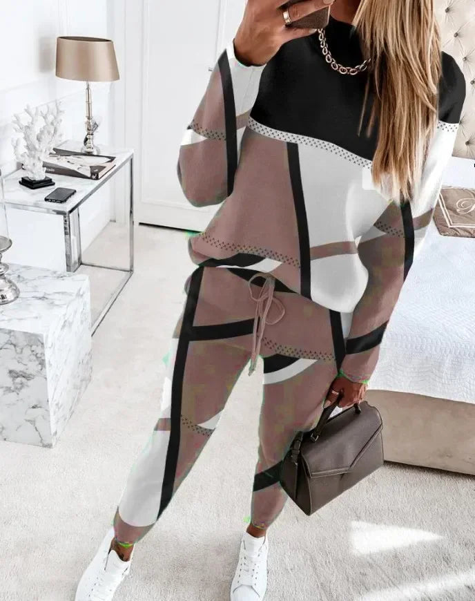 Autumn Winter Fashion Sports Style Two Piece Set Women Casual Printing Long Sleeve Tshirt Pants Two Piece Set Women