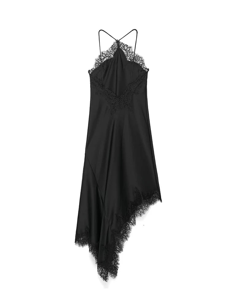 2025 Sexy Lace Spliced Sling Dresses For Women Elegant Sleeveless Backless Irregular Hem Dress Lady Chic Holiday Party Wear
